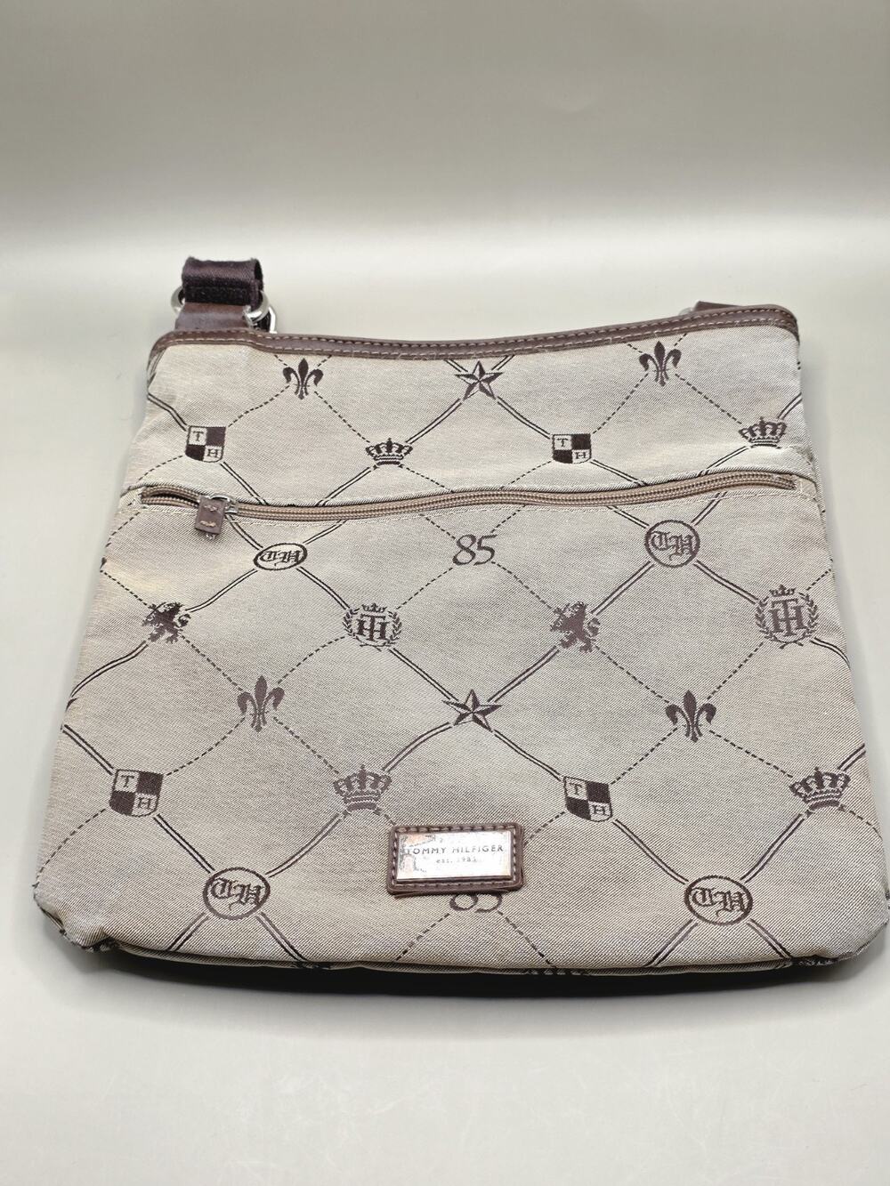 Vintage Tommy Hilfiger Y2K Crossbody Bag Monogram Heraldic Brown Crest Purse 85